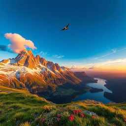 A breathtaking mountain vista with towering peaks covered in snow, lush green valleys below, and a tranquil lake reflecting the blue sky
