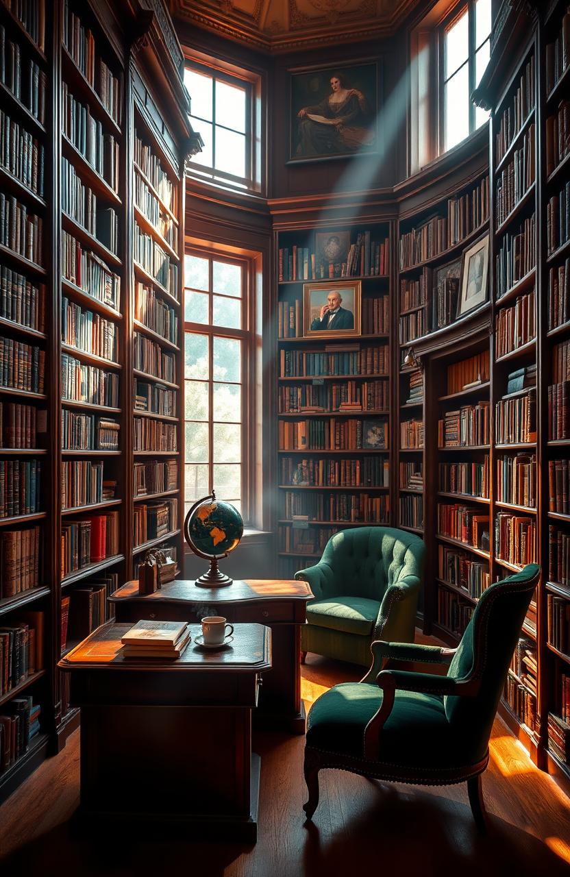 A cozy and inviting library, filled with tall wooden shelves overflowing with books