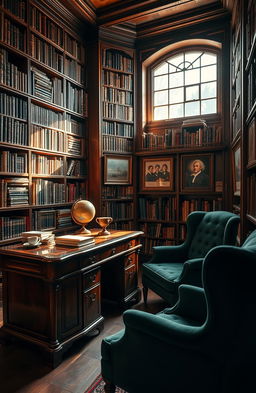A cozy and inviting library, filled with tall wooden shelves overflowing with books