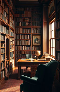 A cozy and inviting library, filled with tall wooden shelves overflowing with books