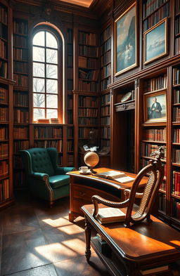 A cozy and inviting library, filled with tall wooden shelves overflowing with books