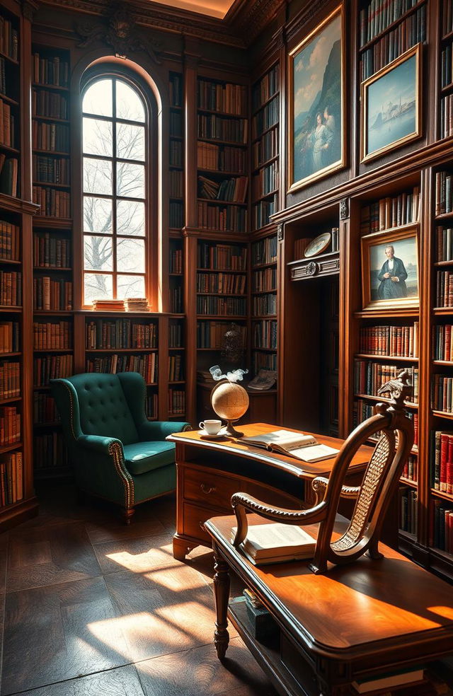 A cozy and inviting library, filled with tall wooden shelves overflowing with books