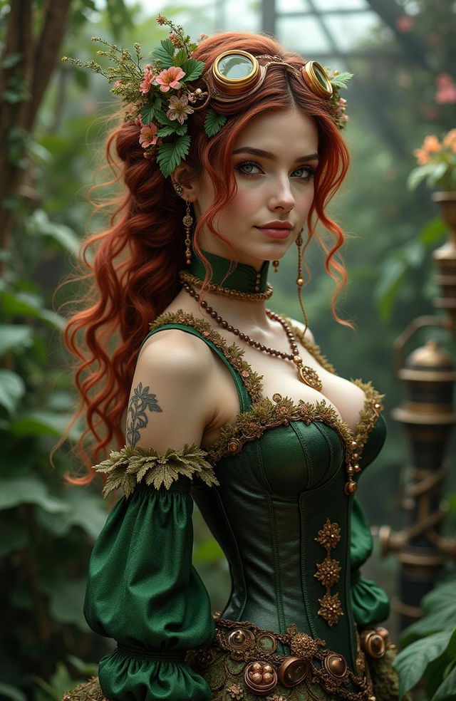 A steampunk interpretation of Poison Ivy, featuring a stunning blend of botanical elements and Victorian fashion