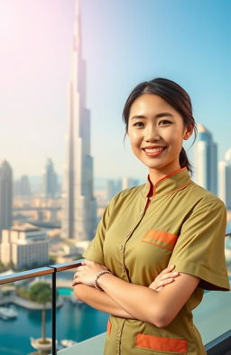 A beautiful Asian girl wearing a massage therapist uniform, standing confidently with a warm smile