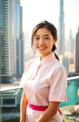 A beautiful Asian girl wearing a massage therapist uniform, standing confidently with a warm smile