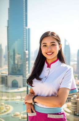 A beautiful Asian girl wearing a massage therapist uniform, standing confidently with a warm smile