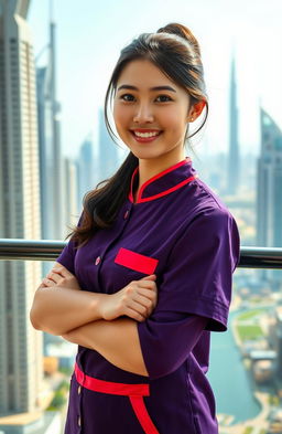 A beautiful Asian girl wearing a massage therapist uniform, standing confidently with a warm smile
