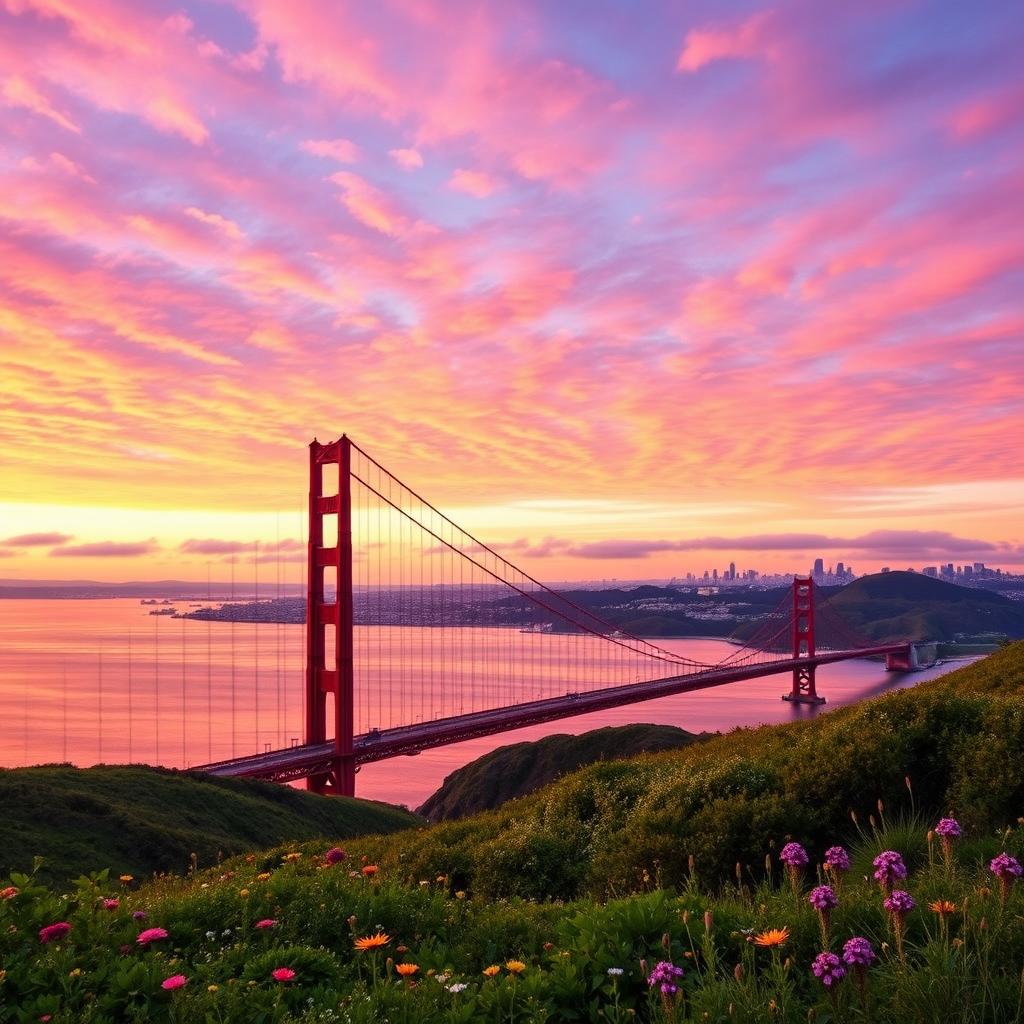 A stunning view of the Golden Gate Bridge at sunset, showcasing its iconic orange-red color against a vibrant sky filled with clouds painted in shades of pink, purple, and gold