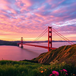 A stunning view of the Golden Gate Bridge at sunset, showcasing its iconic orange-red color against a vibrant sky filled with clouds painted in shades of pink, purple, and gold