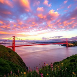 A stunning view of the Golden Gate Bridge at sunset, showcasing its iconic orange-red color against a vibrant sky filled with clouds painted in shades of pink, purple, and gold