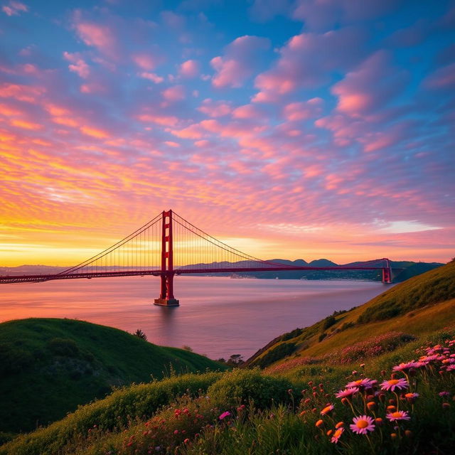 A stunning view of the Golden Gate Bridge at sunset, showcasing its iconic orange-red color against a vibrant sky filled with clouds painted in shades of pink, purple, and gold