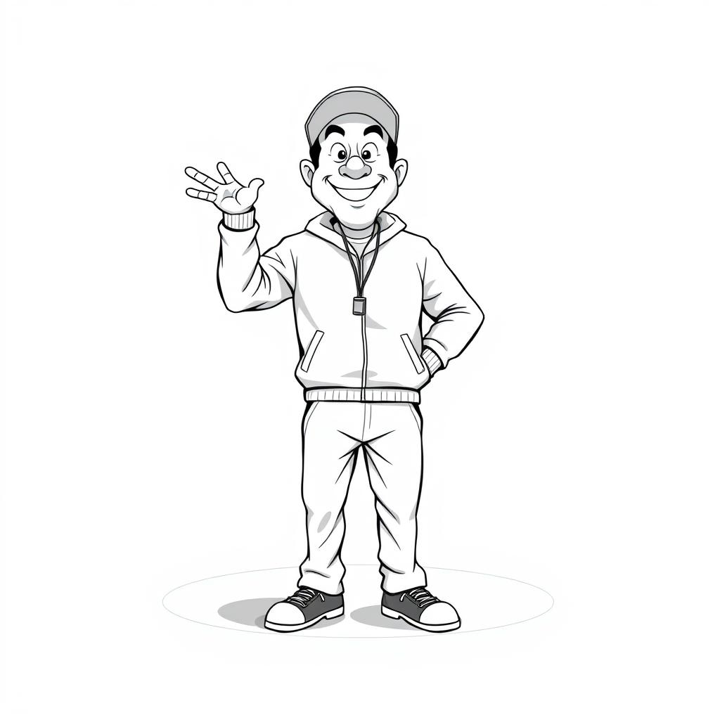 A nonrealistic black and white representation of a sports teacher standing on a pitch, emphasizing a predominantly white composition