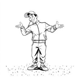 A nonrealistic black and white representation of a sports teacher standing on a pitch, emphasizing a predominantly white composition