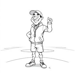 A nonrealistic black and white representation of a sports teacher standing on a pitch, emphasizing a predominantly white composition