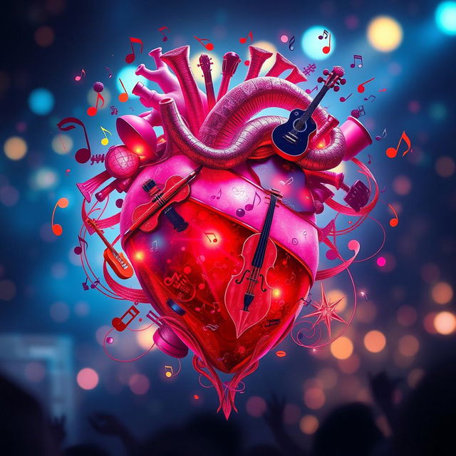 A beautifully artistic representation of the heart of a musician, intricately designed with musical notes, instruments, and vibrant colors swirling around it