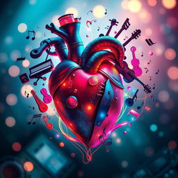 A beautifully artistic representation of the heart of a musician, intricately designed with musical notes, instruments, and vibrant colors swirling around it