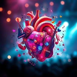 A beautifully artistic representation of the heart of a musician, intricately designed with musical notes, instruments, and vibrant colors swirling around it