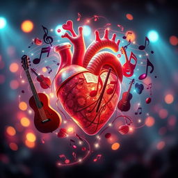 A beautifully artistic representation of the heart of a musician, intricately designed with musical notes, instruments, and vibrant colors swirling around it