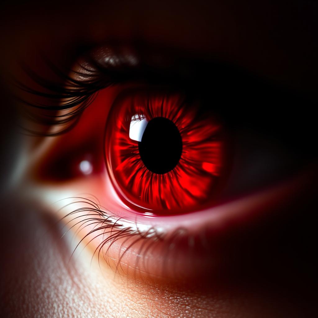 A close-up photograph of a striking red eye with intricate details in the iris, capturing the vivid crimson hue and the natural reflections of light creating an ethereal appearance