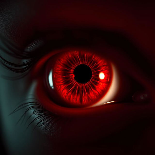 A close-up photograph of a striking red eye with intricate details in the iris, capturing the vivid crimson hue and the natural reflections of light creating an ethereal appearance