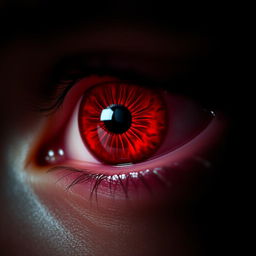 A close-up photograph of a striking red eye with intricate details in the iris, capturing the vivid crimson hue and the natural reflections of light creating an ethereal appearance