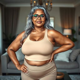 A plus-size dusky Indian mature woman, 50 years old, with long grey hair and glasses, exuding sensuality in a chic living room