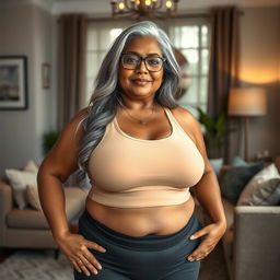 A plus-size dusky Indian mature woman, 50 years old, with long grey hair and glasses, exuding sensuality in a chic living room