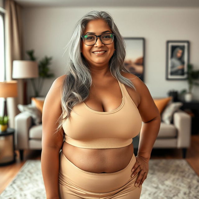 A plus-size dusky Indian mature woman, 50 years old, with long grey hair and glasses, exuding sensuality in a chic living room