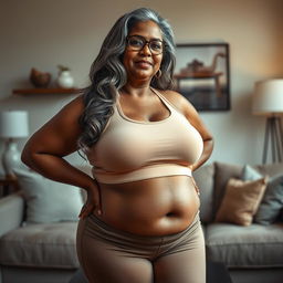 A plus-size dusky Indian mature woman, 50 years old, with long grey hair and glasses, exuding sensuality in a chic living room