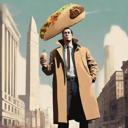 This is a high-quality digital art piece depicting a man of colossal size, as tall as a skyscraper, dressed in a trench coat