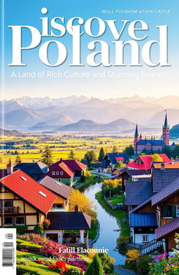 A vibrant and eye-catching magazine cover for 'Discover Poland: A Land of Rich Culture and Stunning Scenery'