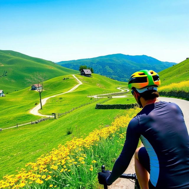 A scenic view of a person riding a bicycle on a winding road through a beautiful hilly landscape