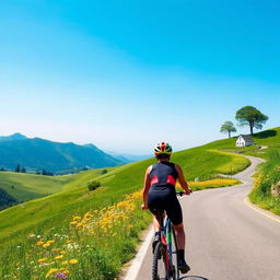 A scenic view of a person riding a bicycle on a winding road through a beautiful hilly landscape