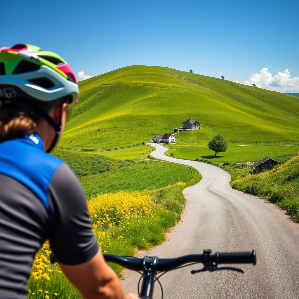 A scenic view of a person riding a bicycle on a winding road through a beautiful hilly landscape