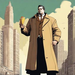 This is a high-quality digital art piece depicting a man of colossal size, as tall as a skyscraper, dressed in a trench coat