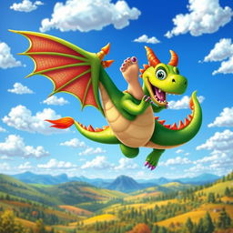 A whimsical scene depicting a pair of colorful, cartoonish toes playfully riding on the back of a majestic dragon