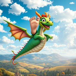 A whimsical scene depicting a pair of colorful, cartoonish toes playfully riding on the back of a majestic dragon