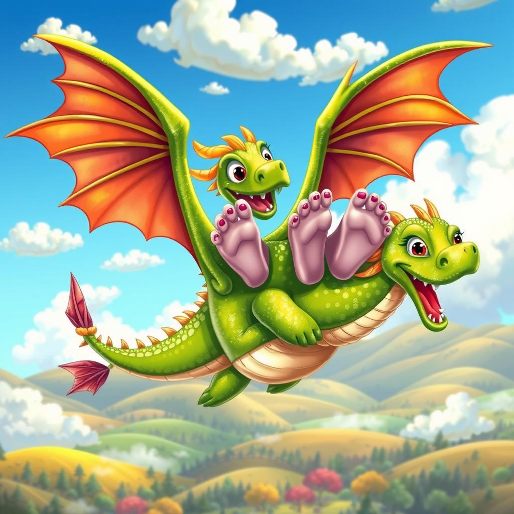 A whimsical scene depicting a pair of colorful, cartoonish toes playfully riding on the back of a majestic dragon