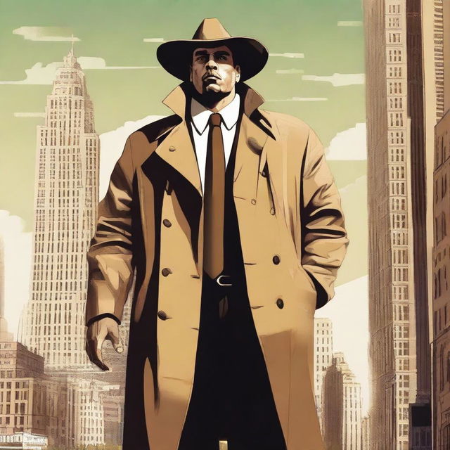 This is a high-quality digital art piece depicting a man of colossal size, as tall as a skyscraper, dressed in a trench coat