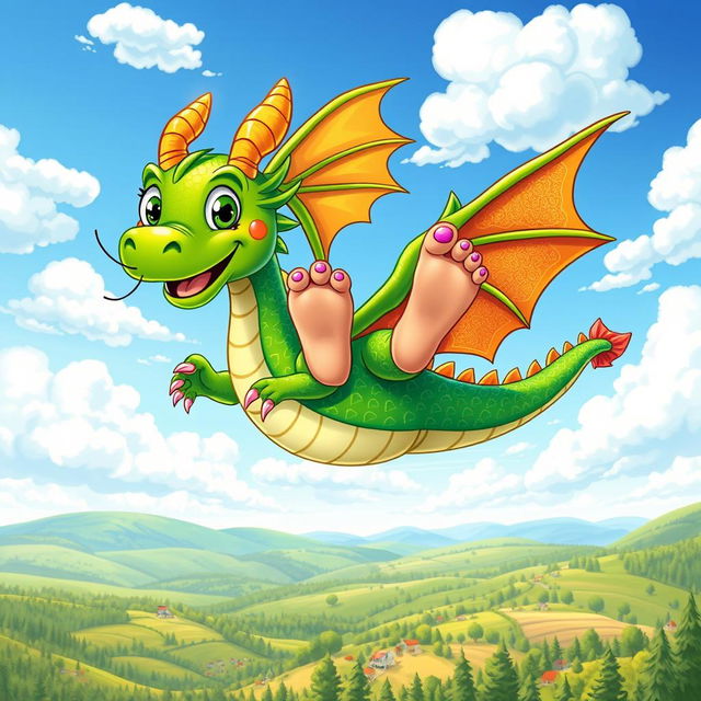 A whimsical scene depicting a pair of colorful, cartoonish toes playfully riding on the back of a majestic dragon