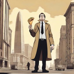 This is a high-quality digital art piece depicting a man of colossal size, as tall as a skyscraper, dressed in a trench coat