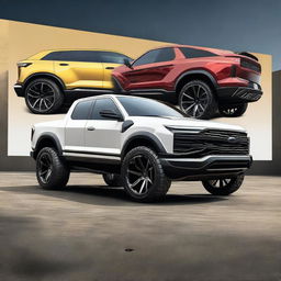 A digital art piece exhibiting a Ford F150 and Lamborghini Urus hybrid