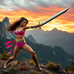 A thrilling action scene featuring a beautiful and confident woman in a sexy pink outfit engaged in an epic battle with a powerful warrior resembling Wonder Woman, who wields a long, gleaming sword