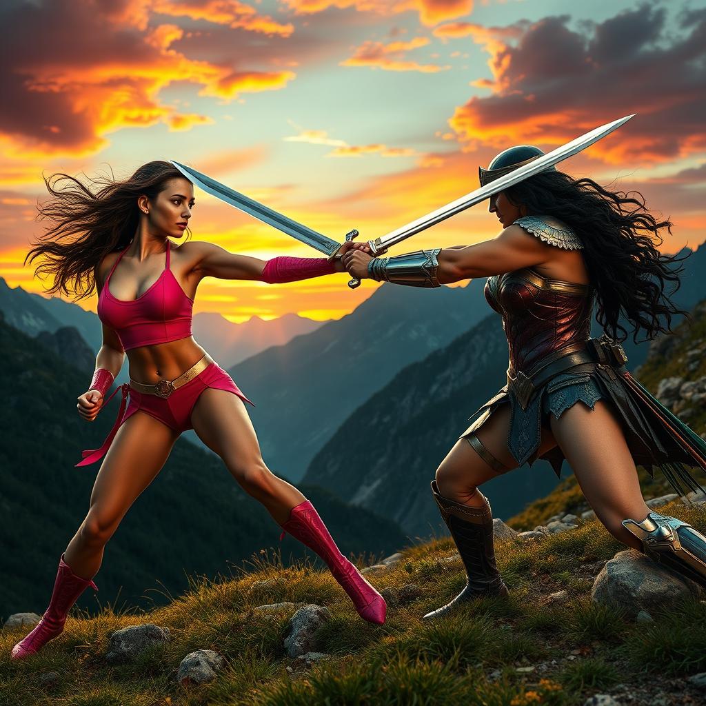 A thrilling action scene featuring a beautiful and confident woman in a sexy pink outfit engaged in an epic battle with a powerful warrior resembling Wonder Woman, who wields a long, gleaming sword