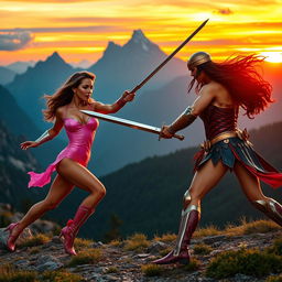 A thrilling action scene featuring a beautiful and confident woman in a sexy pink outfit engaged in an epic battle with a powerful warrior resembling Wonder Woman, who wields a long, gleaming sword