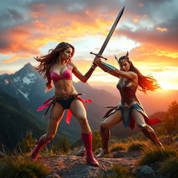 A thrilling action scene featuring a beautiful and confident woman in a sexy pink outfit engaged in an epic battle with a powerful warrior resembling Wonder Woman, who wields a long, gleaming sword