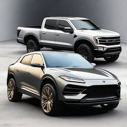 A digital art piece exhibiting a Ford F150 and Lamborghini Urus hybrid