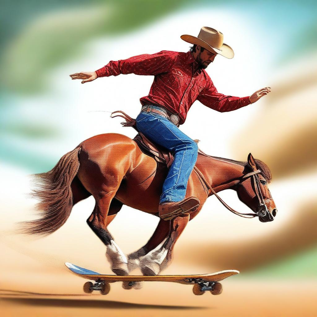 This is a vivid digital art piece showcasing a cowboy performing a kickflip on a horse as if it were a skateboard