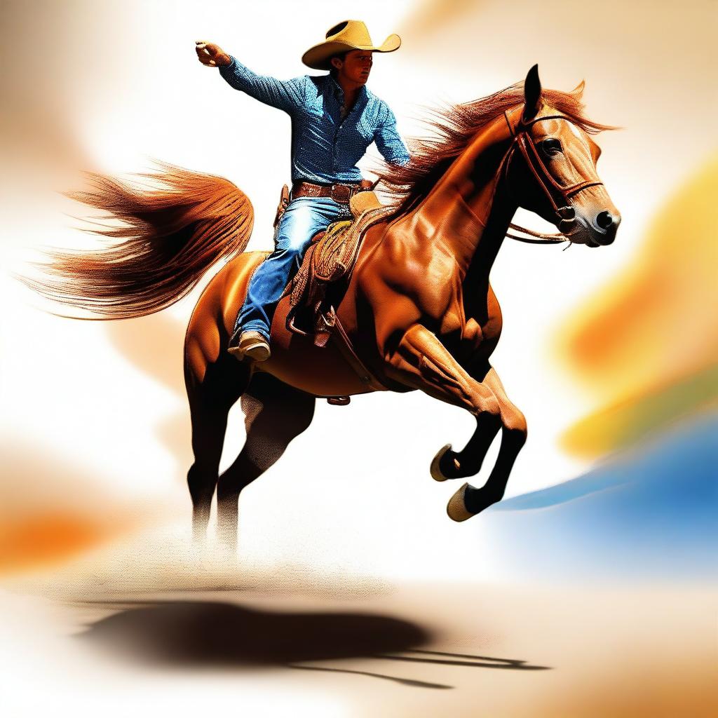 This is a vivid digital art piece showcasing a cowboy performing a kickflip on a horse as if it were a skateboard