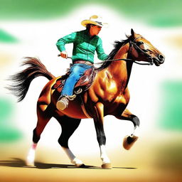 This is a vivid digital art piece showcasing a cowboy performing a kickflip on a horse as if it were a skateboard